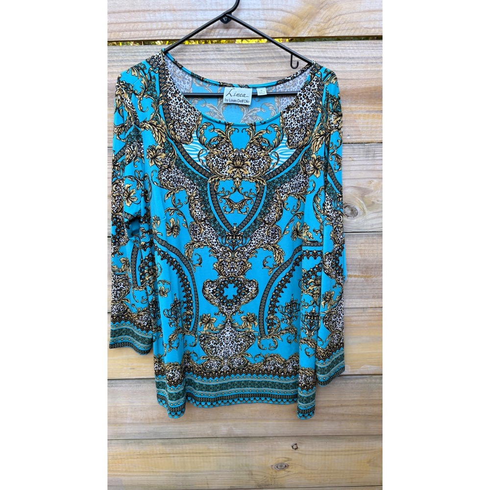Linea by Louis Dell Olio Turquoise Baroque Leopard Print Scoop Neck Top 1X
